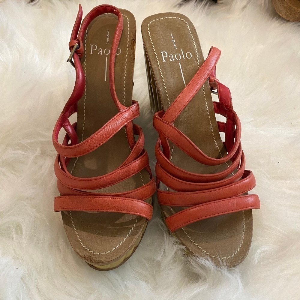 Linea Paolo Bamboo Wedges. Orange/Brown. Sz 8